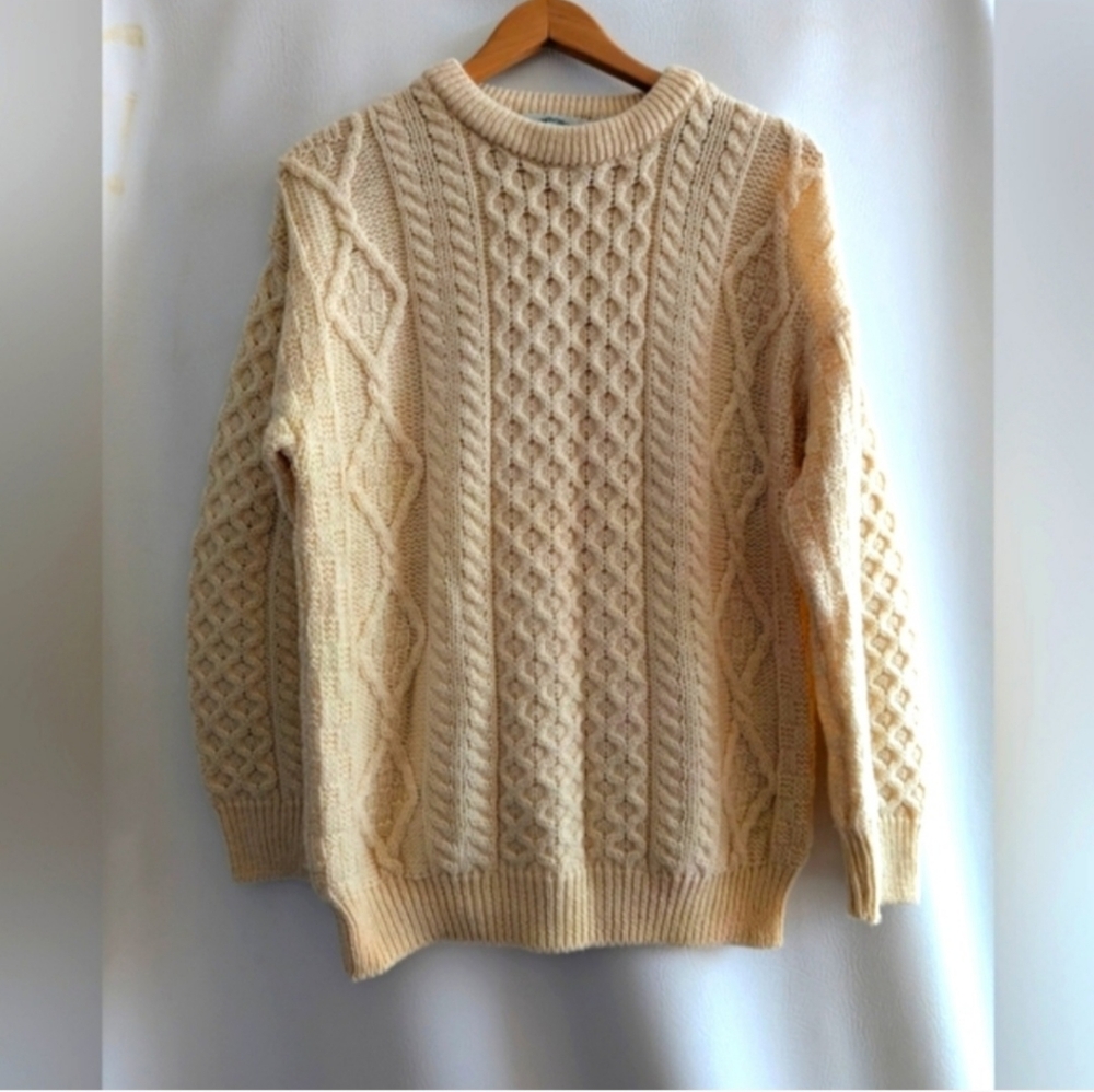 Aran Crafts Ireland Wool Cream Aran Cables Fisherman Knit Sweater Pullover - M